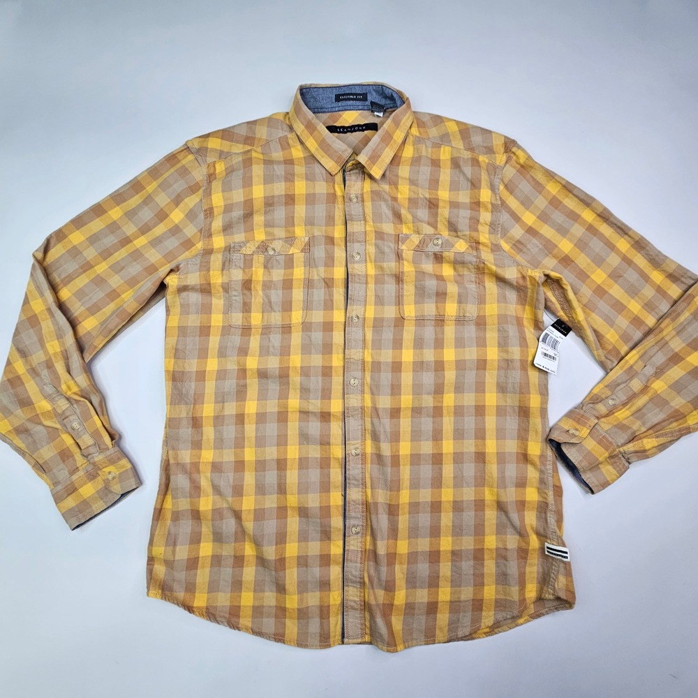 Sean John Plaid Button Down Shirt Mens Large Yellow Tan Tailored Fit Long Sleeve